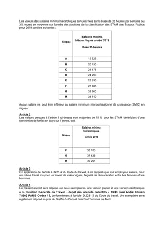 Les valeurs des salaires minima hiérarchiques annuels fixés sur la base de 35 heures par semaine ou
35 heures en moyenne s...