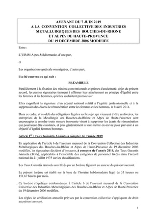 1
AVENANT DU 7 JUIN 2019
A LA CONVENTION COLLECTIVE DES INDUSTRIES
METALLURGIQUES DES BOUCHES-DU-RHONE
ET ALPES DE HAUTE-P...