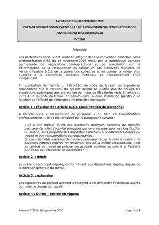 Avenant N°51 du 18 septembre 2020 Page 1 sur 3
AVENANT N° 51 DU 18 SEPTEMBRE 2020
PORTANT MODIFICATION DE L’ARTICLE 6.2.1 ...