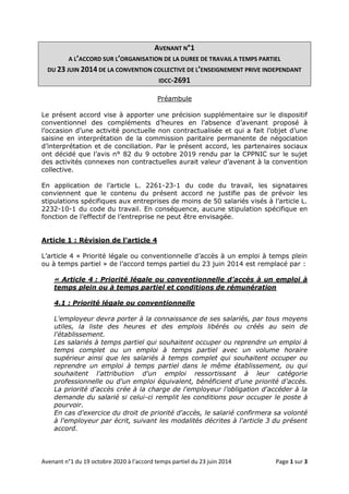 Avenant n°1 du 19 octobre 2020 à l’accord temps partiel du 23 juin 2014 Page 1 sur 3
AVENANT N°1
A L’ACCORD SUR L’ORGANISA...