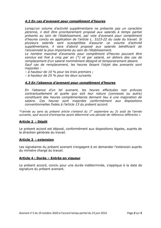 Avenant n°1 du 19 octobre 2020 à l’accord temps partiel du 23 juin 2014 Page 2 sur 3
4.2 En cas d’avenant pour complément ...