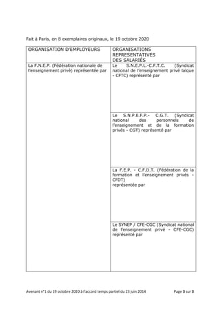 Avenant n°1 du 19 octobre 2020 à l’accord temps partiel du 23 juin 2014 Page 3 sur 3
Fait à Paris, en 8 exemplaires origin...
