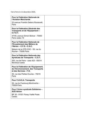 Fait à Paris le 11 décembre 2020,
Pour la Fédération Nationale de
l’Aviation Marchande
22 avenue Franklin Delano Roosevelt...