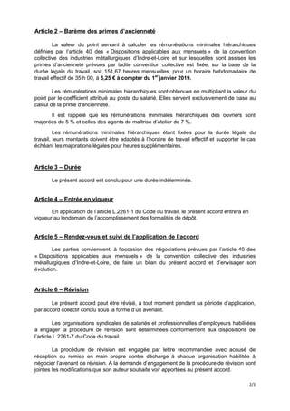 2/3
Article 2 – Barème des primes d’ancienneté
La valeur du point servant à calculer les rémunérations minimales hiérarchi...