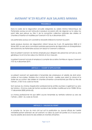 Page 1 sur 4
AVENANT N°29 RELATIF AUX SALAIRES MINIMA
PREAMBULE
Dans le cadre de la négociation annuelle obligatoire du sa...