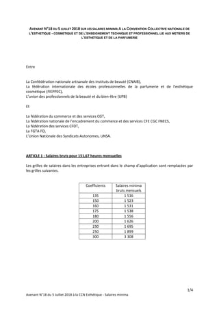 1/4
Avenant N°18 du 5 Juillet 2018 à la CCN Esthétique - Salaires minima
AVENANT N°18 DU 5 JUILLET 2018 SUR LES SALAIRES M...