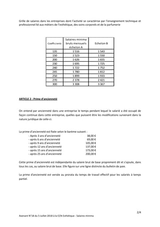 2/4
Avenant N°18 du 5 Juillet 2018 à la CCN Esthétique - Salaires minima
Grille de salaires dans les entreprises dont l’ac...