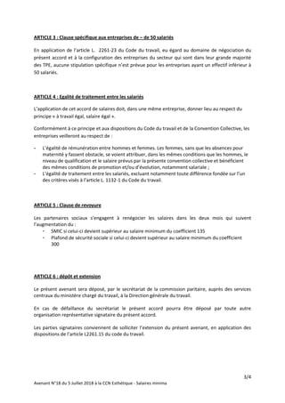 3/4
Avenant N°18 du 5 Juillet 2018 à la CCN Esthétique - Salaires minima
ARTICLE 3 : Clause spécifique aux entreprises de ...