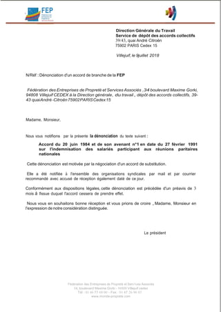 FEP
Direction Générale du Travail
Service de dépôt des accords collectifs
39/43, quai André Citroën
75902 PARIS Cedex 15
V...