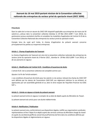 Avenant du 16 mai 2019 portant révision de la Convention collective
nationale des entreprises du secteur privé du spectacl...