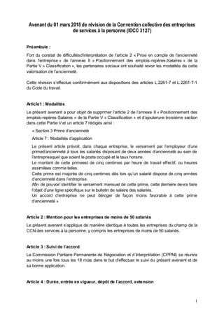 1
Avenant du 01 mars 2018 de révision de la Convention collective des entreprises
de services à la personne (IDCC 3127)
Pr...