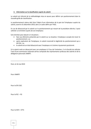 13/14
3. Information sur la classification auprès du salarié
Le salarié est informé de la méthodologie mise en œuvre pour définir son positionnement dans la
nouvelle grille de classification.
Le positionnement retenu doit faire l’objet d’une information de la part de l’employeur auprès du
salarié, avant le 31 décembre 2019, dans un cadre défini par l’AGC.
En cas de désaccord par le salarié sur le positionnement qui ressort de la procédure décrite, il peut
solliciter un entretien auprès de son employeur.
Cet entretien peut aboutir à 3 situations :
 face aux éléments présentés par le salarié sur sa situation, l’employeur accepte de revoir le
positionnement ; ou
 après explication de l’employeur, le salarié reconnaît la légitimité du positionnement qui a
été fait ; ou
 le salarié est en total désaccord avec l’employeur et s’estime injustement positionné.
Si le salarié reste en désaccord avec son employeur à l’issu de l’entretien, il a la faculté de solliciter
l’avis d’une commission nationale ad hoc composée des représentants syndicaux des salariés et de la
délégation patronale UNARTI.
Paris, le 16 mai 2019
Pour UNARTI
Pour la CFE-CGC
Pour la FEC – FO
Pour la CSFV - CFTC
 