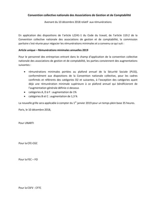 Convention collective nationale des Associations de Gestion et de Comptabilité
Avenant du 10 décembre 2018 relatif aux rém...