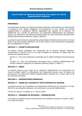 Page 1 sur 13
Accord relatif au régime de prévoyance et au régime de
retraite supplémentaire collective Branche Banque Pop...