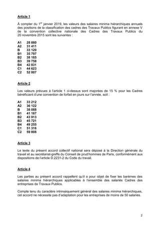 2
Article 1
À compter du 1er
janvier 2019, les valeurs des salaires minima hiérarchiques annuels
des positions de la class...