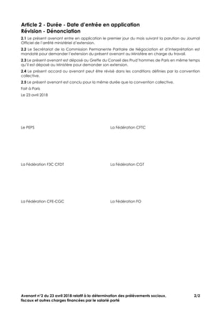 Avenant n°2 du 23 avril 2018 relatif à la détermination des prélèvements sociaux, 2/2
fiscaux et autres charges financées ...