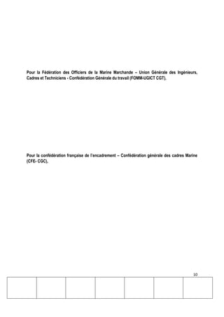 10
Pour la Fédération des Officiers de la Marine Marchande – Union Générale des Ingénieurs,
Cadres et Techniciens - Confédération Générale du travail (FOMM-UGICT CGT),
Pour la confédération française de l’encadrement – Confédération générale des cadres Marine
(CFE- CGC),
 