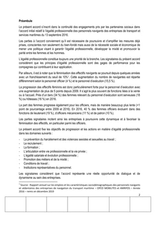 2
Préambule
Le présent accord s’inscrit dans la continuité des engagements pris par les partenaires sociaux dans
l’accord initial relatif à l’égalité professionnelle des personnels navigants des entreprises de transport et
services maritimes du 13 septembre 2016.
Les parties à l’accord conviennent qu’il est nécessaire de poursuivre et d’amplifier les mesures déjà
prises, conscientes non seulement du bien-fondé mais aussi de la nécessité sociale et économique de
mener une politique visant à garantir l’égalité professionnelle, développer la mixité et promouvoir la
parité entre les femmes et les hommes.
L’égalité professionnelle constitue toujours une priorité de la branche. Les signataires du présent accord
considèrent que les principes d’égalité professionnelle sont des gages de performance pour les
compagnies qui contribuent à leur application.
Par ailleurs, il est à noter que la féminisation des effectifs navigants se poursuit depuis quelques années
avec un franchissement du seuil de 10%1. Cette augmentation du nombre de navigantes est répartie
différemment selon le personnel officier (4 %) et le personnel d’exécution (15,5 %).
La progression des effectifs féminins est donc particulièrement forte pour le personnel d’exécution avec
une augmentation de plus de 5 points depuis 2009. Il s’agit le plus souvent de fonctions liées à la vente
ou à l’accueil. Près d’un tiers (34 %) des femmes relevant du personnel d’exécution sont serveuses (18
%) ou hôtesses (16 %) en 2016.
La part des femmes progresse également pour les officiers, mais de manière beaucoup plus lente (+1
point de pourcentage entre 2009 et 2016). En 2016, 40 % des femmes officiers évoluent dans des
fonctions de lieutenant (19 %), d’officiers mécaniciens (11 %) et de patron (10 %).
Les parties signataires incitent ainsi les entreprises à poursuivre cette dynamique et à favoriser la
féminisation des effectifs, en particulier parmi les officiers.
Le présent accord fixe les objectifs de progression et les actions en matière d’égalité professionnelle
dans les domaines suivants :
- La prévention du harcèlement et des violences sexistes et sexuelles au travail ;
- Le recrutement ;
- La formation ;
- L’articulation entre vie professionnelle et la vie privée ;
- L’égalité salariale et évolution professionnelle ;
- Promotion des métiers et de la mixité ;
- Conditions de travail ;
- Institutions représentatives du personnel.
Les signataires considèrent que l’accord représente une réelle opportunité de dialogue et de
dynamisme au sein des entreprises.
1
Source : Rapport annuel sur les emplois et les caractéristiques sociodémographiques des personnels navigants
et sédentaires des entreprises de navigation du transport maritime – OPCO MOBILITES et AMNYOS – Année
2016 – remis en décembre 2019
 
