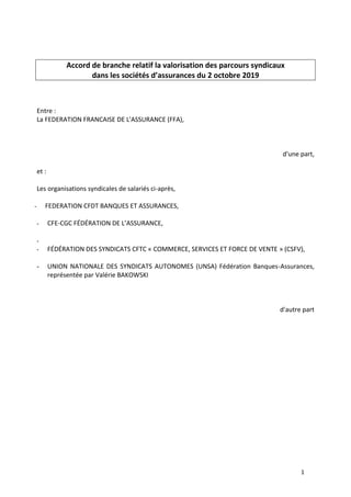 1
Accord de branche relatif la valorisation des parcours syndicaux
dans les sociétés d’assurances du 2 octobre 2019
Entre ...