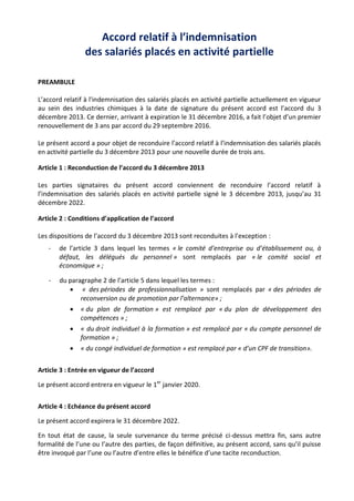 Accord relatif à l’indemnisation
des salariés placés en activité partielle
PREAMBULE
L’accord relatif à l'indemnisation de...