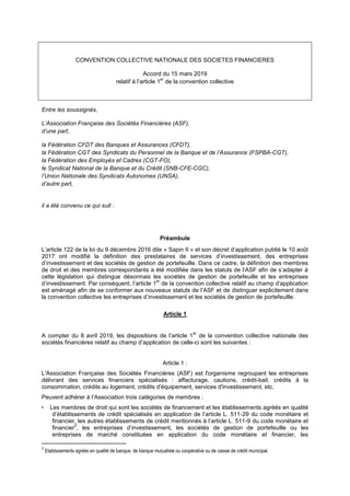 CONVENTION COLLECTIVE NATIONALE DES SOCIETES FINANCIERES
Accord du 15 mars 2019
relatif à l’article 1
er
de la convention ...