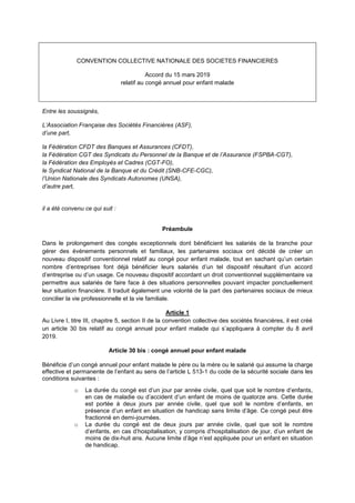 CONVENTION COLLECTIVE NATIONALE DES SOCIETES FINANCIERES
Accord du 15 mars 2019
relatif au congé annuel pour enfant malade...