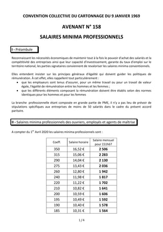 1/4
CONVENTION COLLECTIVE DU CARTONNAGE DU 9 JANVIER 1969
AVENANT N° 158
SALAIRES MINIMA PROFESSIONNELS
I - Préambule
Reco...