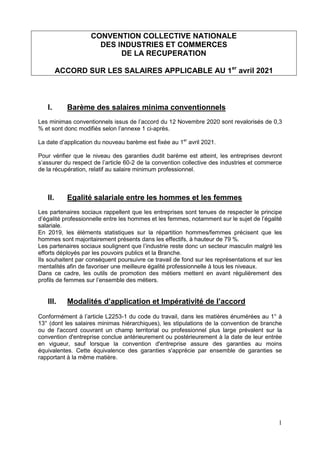 1
CONVENTION COLLECTIVE NATIONALE
DES INDUSTRIES ET COMMERCES
DE LA RECUPERATION
ACCORD SUR LES SALAIRES APPLICABLE AU 1er...