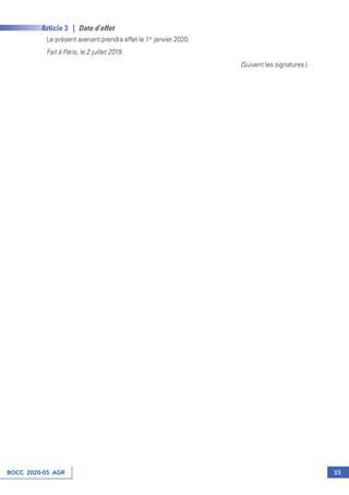 BOCC 2020-05 AGR 33
Article 3 | Date d’effet
Le présent avenant prendra effet le 1er
 janvier 2020.
Fait à Paris, le 2 juillet 2019.
(Suivent les signatures.)
 