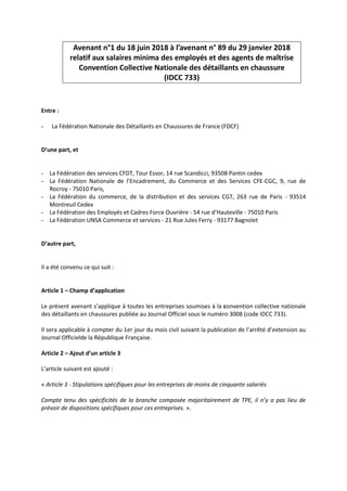 Avenant n°1 du 18 juin 2018 à l’avenant n° 89 du 29 janvier 2018
relatif aux salaires minima des employés et des agents de maîtrise
Convention Collective Nationale des détaillants en chaussure
(IDCC 733)
Entre :
- La Fédération Nationale des Détaillants en Chaussures de France (FDCF)
D’une part, et
- La Fédération des services CFDT, Tour Essor, 14 rue Scandicci, 93508 Pantin cedex
- La Fédération Nationale de l’Encadrement, du Commerce et des Services CFE-CGC, 9, rue de
Rocroy - 75010 Paris,
- La Fédération du commerce, de la distribution et des services CGT, 263 rue de Paris - 93514
Montreuil Cedex
- La Fédération des Employés et Cadres Force Ouvrière - 54 rue d’Hauteville - 75010 Paris
- La Fédération UNSA Commerce et services - 21 Rue Jules Ferry - 93177 Bagnolet
D’autre part,
Il a été convenu ce qui suit :
Article 1 – Champ d’application
Le présent avenant s’applique à toutes les entreprises soumises à la convention collective nationale
des détaillants en chaussures publiée au Journal Officiel sous le numéro 3008 (code IDCC 733).
Il sera applicable à compter du 1er jour du mois civil suivant la publication de l’arrêté d’extension au
Journal Officielde la République Française.
Article 2 – Ajout d’un article 3
L’article suivant est ajouté :
« Article 3 - Stipulations spécifiques pour les entreprises de moins de cinquante salariés
Compte tenu des spécificités de la branche composée majoritairement de TPE, il n’y a pas lieu de
prévoir de dispositions spécifiques pour ces entreprises. ».
 