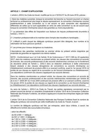 ACCORD DU 26 NOVEMBRE 2018 PORTANT SUR LA CLAUSE D’IMPÉRATIVITÉ A L’ARTICLE 124.4 DE LA CONVENTION
COLLECTIVE NATIONALE DE...