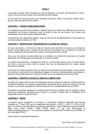 ACCORD DEROGATOIRE A LA DUREE MINIMALE DU TEMPS PARTIEL DE LA CONVENTION COLLECTIVE DES POMPES FUNEBRES – 25 juin 2019
2 /...
