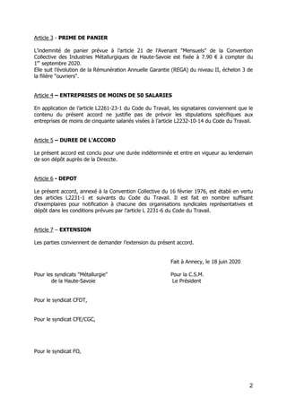 2
Article 3 - PRIME DE PANIER
L’indemnité de panier prévue à l’article 21 de l’Avenant "Mensuels" de la Convention
Collect...