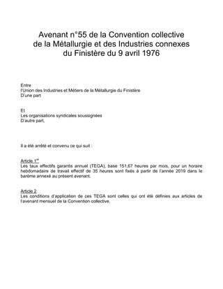 Avenant n°55 de la Convention collective
de la Métallurgie et des Industries connexes
du Finistère du 9 avril 1976
Entre
l...