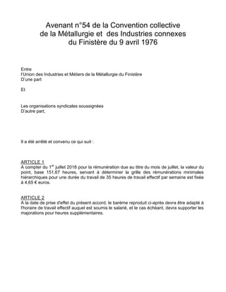 Avenant n°54 de la Convention collective
de la Métallurgie et des Industries connexes
du Finistère du 9 avril 1976
Entre
l...