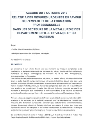 ACCORD DU 3 OCTOBRE 2019
RELATIF A DES MESURES URGENTES EN FAVEUR
DE L’EMPLOI ET DE LA FORMATION
PROFESSIONNELLE
DANS LES ...
