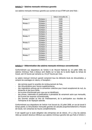 2
Article 3 – Salaires mensuels minimaux garantis
Les salaires mensuels minimaux garantis aux ouvriers et aux ETAM sont ai...