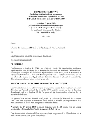 CONVENTION COLLECTIVE
Des Industries Métallurgiques, Mécaniques,
Electriques et Connexes du Département de l’Eure
du 1er
J...