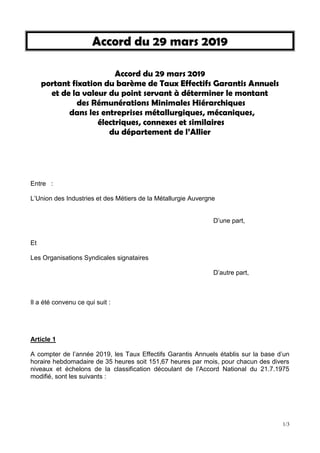 1/3
Accord du 29 mars 2019
Accord du 29 mars 2019
portant fixation du barème de Taux Effectifs Garantis Annuels
et de la v...