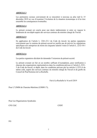 2
ARTICLE 3
Les partenaires sociaux conviennent de se rencontrer à nouveau au plus tard le 15
décembre 2019 en vue d’exami...