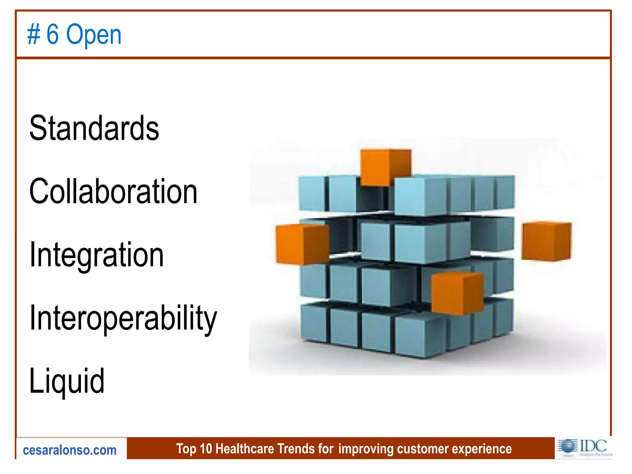 Top 10 Healthcare Trends for improving customer experiencecesaralonso.com
# 6 Open
Standards
Collaboration
Integration
Interoperability
Liquid
 