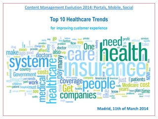 Content Management Evolution 2014: Portals, Mobile, Social
Top 10 Healthcare Trends
for improving customer experience
Madrid, 11th of March 2014
 