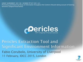 GRANT AGREEMENT: 601138 | SCHEME FP7 ICT 2011.4.3
Promoting and Enhancing Reuse of Information throughout the Content Lifecycle taking account of Evolving
Semantics [Digital Preservation]
Fabio Corubolo, University of Liverpool
11 February, IDCC 2015, London
 