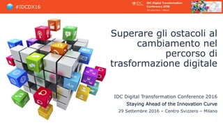#IDCDX16
Superare gli ostacoli al
cambiamento nel
percorso di
trasformazione digitale
IDC Digital Transformation Conference 2016
Staying Ahead of the Innovation Curve
29 Settembre 2016 – Centro Svizzero – Milano
1
 