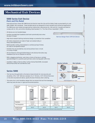 www.intldoorclosers.com

Mechanical Exit Devices

     5000 Series Exit Device
     Panic and Fire Rated
     International Door Closers IDC 5000 Series Exit Devices meet the Life and Fire Safety Codes as prescribed by UL and
     ANSI / BHMA 156.3 standards. These durable devices are designed for both standard and commercial applications.
     The 5000 Series were tested and approved by Underwriters Laboratories (UL, USA and ULC, Canada) and listed to
     comply with UL 10C, and Uniform Building Code Standard 7-2, “Fire Test of Door Assemblies” (1997).

     All devices are non-handed design

     Auxiliary guarded latch deadlocks latch bolt automtically locks when
     the door is closed
                                                                                                             Narrow Design Panic SVR Exit Device
     High shock-resistant latching mechanical design or protection from vandalism

     All inside components are made of high rust-resistant alloy or
     heavy electroplated steel

     Baked powder coating, electroplated or architectual base finishes
     are used on all exposed surfaces

     Outside trims are provided by rose and escutcheon lever or knob
     in a varity of styles

     All trim features a through-bolted design to the devices that allow easy
     installation but not to comprise on security

     With a dogging mechanism, users have a choice of hex-key or cylinder
     operated design for a positive push-pull door action during peak traffic time

     Available in Wide or Narrow Stiles, Surface Vertical Rod (SVR), Concealed
     Vertical Rod (CVR), Rim and Mortise Locks                                                                  Mortise Cylinder                   Rim Cylinder




                                                                                                                     526                                   426
     Series 5000                                                                                                                     Regular Type

     Trim has two through-bolts to the device chassis directly for more security and
     durability. It fits 1-3/4” (44) door standard. For 2” (51mm), 2-1/4” (57mm) thick door
     or the shim-mounted exit device, specify the door thickness when ordering.                                      208                                   308
     This series trim is Anti-Vandalism design that can prevent the lock from damaging                                         Interchangeable Core Type
     when key locks the lever in rigid and horizontal position.


                    Operation               Key Locks & Unlocks      Lever Always Active          KeyRetracts Latchbolt         Pull When Dogged
                    Options                        Lever                (No Cylinder)                 (Rigid Lever)                (Rigid Lever)




                    Functions                   Classroom                  Passage                      Storeroom                   Dummy
                                                 Cylinder                   Blank                      Night Latch                  Dummy
                    Trim Designation
                                             Escutcheon Lever         Escutcheon Lever              Escutcheon Lever            Escutcheon Lever

                    Model Number                 58L01A                     58L01B                       58L01C                     58L01D
                    & Application                                 For Rim, 5510 Series Rim, 5530 Series Surface Vertical Rod




28             West: 800-544-4422 Fax: 714-666-2215
 