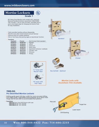 www.intldoorclosers.com

Mortise Locksets
                                   Grade 1
     IDC Heavy Duty Mortise Locks comply with American
     National Standard Institute requirement ANSI/ BHMA
     156.13 Grade 1. All our locks are field reversible and re-
     quire only simple steps for changing the hand of lock
     for easy installation.




     Field reversible handing without disassembly
     Retrofit most other brand locksets (consult factory)
     Internal clutch for vandal resistance
     One or two heavy duty spring cages as required per function
                                                                              Standard
     Functions
     	   Standard	R-Lever	 Dull chrome ﬁnish standard
     	   M7801EU	M7801GU	Passage
     	   M7804EU	M7804GU	Office
     	   M7805EU	M7805GU	Classroom
     	   M7807EU	M7807GU	  Store room
     	   M7809EU	M7809GU	  Apartment entrance / vestibule
     	   M7813EU	M7813GU	  Corridor / exit
     	M7820EU	 M7820GU	Entrance
     	M7822EU	 M7822GU	Privacy


                                                                                                 R-Lever




                                                 “L” Lever with
                                                 “Round” Rose      Key Cylinder - Optional




                                                                                  Mortise Locks with
                                                 “R” Lever with
                                                  “Flat” Rose                  Escutcheon Trim Available.



 7000-DG
 Pro Electrified Mortise Locksets
 Drilling guide spans full door width for more accurate drilling
 Full width guide is adjustable several degrees up or down from
 hinge stile to lock stile to accommodate lock position.
 Functions
 	    7000-DG Door Core Drill Fixture with case
 	    7000-DB1/4 1/4” 4 Ft. Drill Bit
 	    7000-DB3/8 3/8” 4 Ft. Drill Bit




32            West: 800-544-4422 Fax: 714-666-2215
 