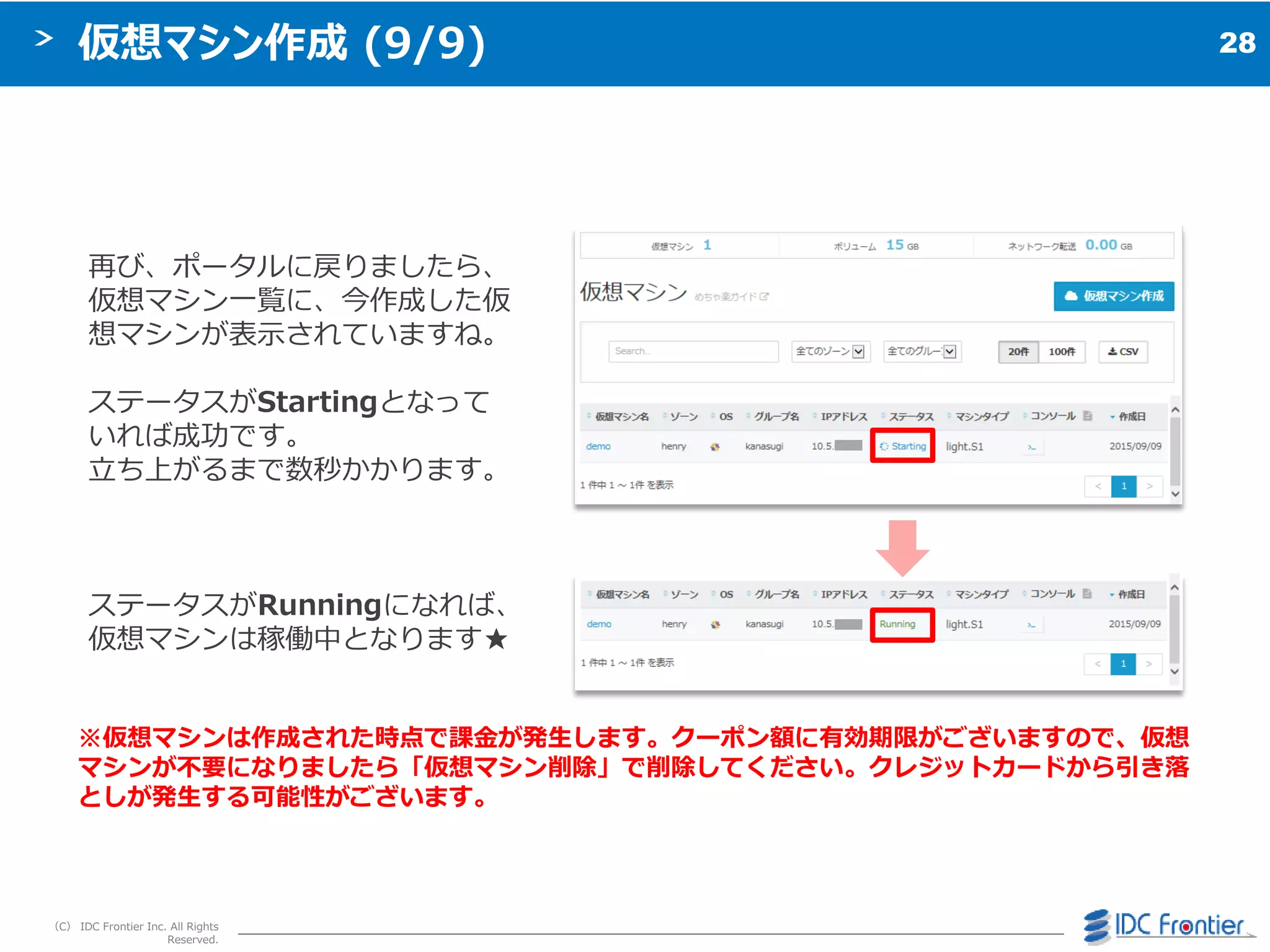 28
（C） IDC Frontier Inc. All Rights
Reserved.
仮想マシン作成 (9/9)
再び、ポータルに戻りましたら、
仮想マシン一覧に、今作成した仮
想マシンが表示されていますね。
ステータスがStartingとなって
いれば成功です。
立ち上がるまで数秒かかります。
ステータスがRunningになれば、
仮想マシンは稼働中となります★
※仮想マシンは作成された時点で課金が発生します。クーポン額に有効期限がございますので、仮想
マシンが不要になりましたら「仮想マシン削除」で削除してください。クレジットカードから引き落
としが発生する可能性がございます。
 