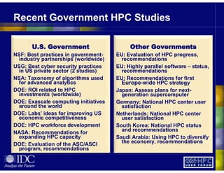 Recent Government HPC Studies
U.S. Government
NSF: Best practices in government-
industry partnerships (worldwide)
USG: Best cyber security practices
in US private sector (2 studies)
NSA: Taxonomy of algorithms used
for advanced analytics
DOE: ROI related to HPC
investments (worldwide)
DOE: Exascale computing initiatives
around the world
DOE: Labs’ ideas for improving US
economic competitiveness
DOE: HPC workforce development
NASA: Recommendations for
expanding HPC capacity
DOE: Evaluation of the ASC/ASCI
program, recommendations
Other Governments
EU: Evaluation of HPC progress,
recommendations
EU: Highly parallel software – status,
recommendations
EU: Recommendations for first
Europe-wide HPC strategy
Japan: Assess plans for next-
generation supercomputer
Germany: National HPC center user
satisfaction
Netherlands: National HPC center
user satisfaction
South Korea: National HPC status
and recommendations
Saudi Arabia: Using HPC to diversify
the economy, recommendations
 