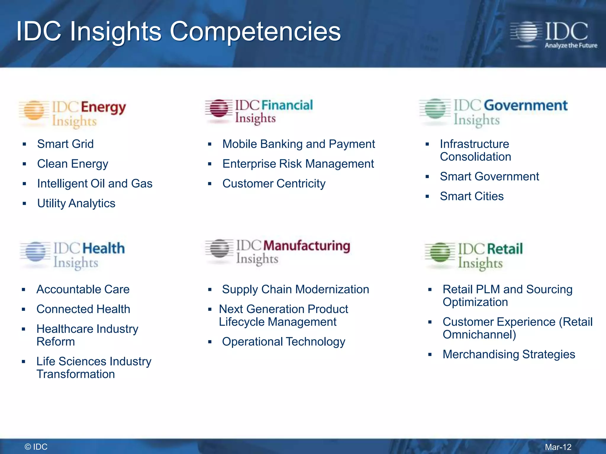 IDC Insights Competencies


 Smart Grid                 Mobile Banking and Payment    Infrastructure
                                                             Consolidation
 Clean Energy               Enterprise Risk Management
                                                            Smart Government
 Intelligent Oil and Gas    Customer Centricity
                                                            Smart Cities
 Utility Analytics




 Accountable Care           Supply Chain Modernization    Retail PLM and Sourcing
                                                              Optimization
 Connected Health           Next Generation Product
                              Lifecycle Management          Customer Experience (Retail
 Healthcare Industry
                                                              Omnichannel)
  Reform                     Operational Technology
                                                            Merchandising Strategies
 Life Sciences Industry
  Transformation




© IDC                                                                           Mar-12
 