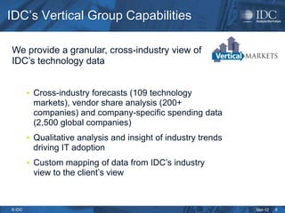 IDC’s Vertical Group Capabilities

We provide a granular, cross-industry view of
IDC’s technology data


         Cross-industry forecasts (109 technology
         markets), vendor share analysis (200+
         companies) and company-specific spending data
         (2,500 global companies)
         Qualitative analysis and insight of industry trends
         driving IT adoption
         Custom mapping of data from IDC’s industry
         view to the client’s view



© IDC                                                           Mar-12   8
 